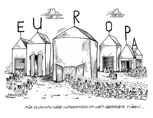 Cartoon: Flüchtlingsströme nach Europa (medium) by mandzel tagged flüchtlinge,europa,unterschiedlichkeiten,aufnahmebereitwilligkeit,flüchtlinge,europa,unterschiedlichkeiten,aufnahmebereitwilligkeit