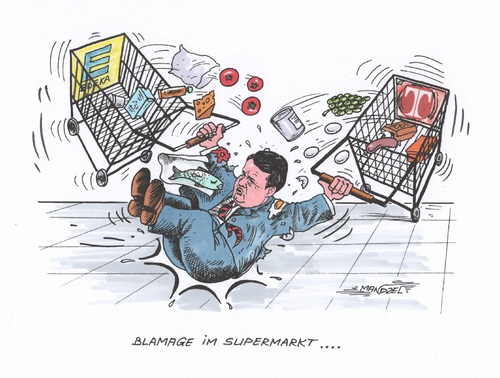 Cartoon: Gabriels Supermarkt-Deal (medium) by mandzel tagged gabriel,blamage,supermarktdeal,edeka,tengelmann,geheimgespräche,gerichtsurteil,gabriel,blamage,supermarktdeal,edeka,tengelmann,geheimgespräche,gerichtsurteil