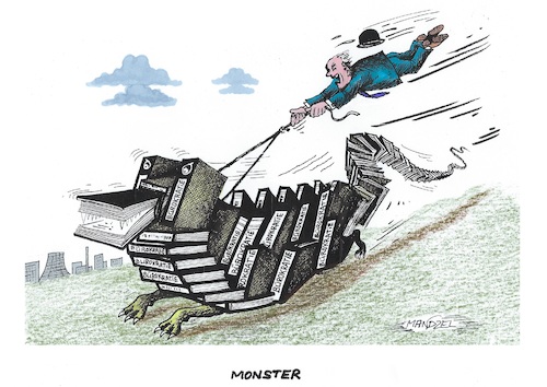 Cartoon: Godzilla in der Wirtschaft (medium) by mandzel tagged bürokratiemonster,deutschland,wirtschaft,regelungen,formulare,firmen,unternehmen,zeitaufwand,arbeit,bürokratiemonster,deutschland,wirtschaft,regelungen,formulare,firmen,unternehmen,zeitaufwand,arbeit