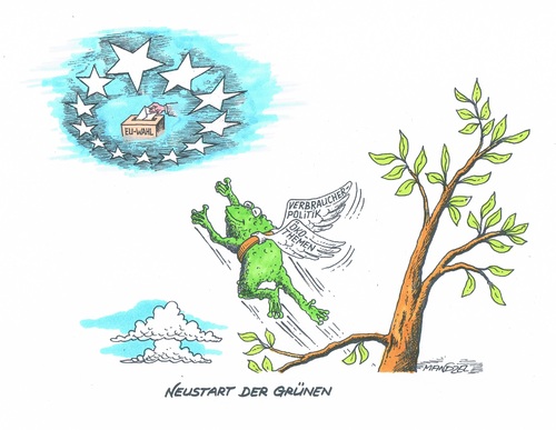 Cartoon: Grün in Aufbruchstimmung (medium) by mandzel tagged grüne,umweltschutz,verbraucherschutz,eu,wahl,grüne,umweltschutz,verbraucherschutz,eu,wahl