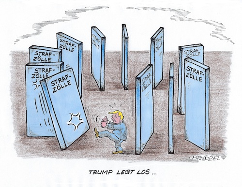 Cartoon: Handelskrieg (medium) by mandzel tagged trump,strafzölle,usa,handelskrieg,stahl,aluminium,auftragsschwund,trump,strafzölle,usa,handelskrieg,stahl,aluminium,auftragsschwund