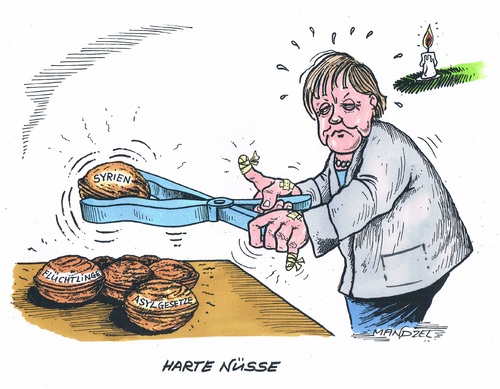 Cartoon: Harte Nüsse (medium) by mandzel tagged merkel,asylgesetze,syrien,flüchtlinge,harte,nüsse,probleme,merkel,asylgesetze,syrien,flüchtlinge,harte,nüsse,probleme