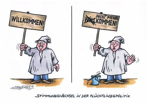 Cartoon: Im Wandel (medium) by mandzel tagged flüchtlinge,deutschland,skepsis,stimmungswechsel,asylpolitik,flüchtlinge,deutschland,skepsis,stimmungswechsel,asylpolitik