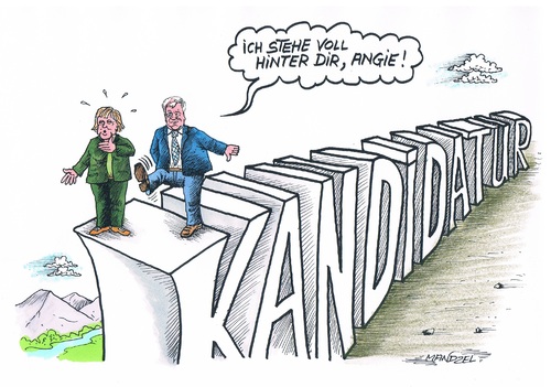 Cartoon: Kandidatin von Seehofers Gnaden (medium) by mandzel tagged karikatur,mandzel,wahlen,csu,cdu,seehofer,merkel,kanzlerkandidatur,kanzlerkandidatur,merkel,seehofer,cdu,csu,wahlen,mandzel,karikatur