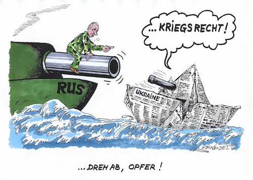 Cartoon: Kanonenboot-Politik (medium) by mandzel tagged ukraine,russland,poroschenko,putin,krim,kanonenboot,politik,ukraine,russland,poroschenko,putin,krim,kanonenboot,politik