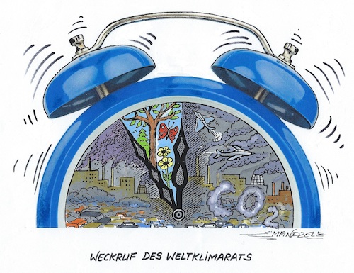 Cartoon: Klima-Weckruf (medium) by mandzel tagged weltklima,co2,umweltkatastrophen,abgasreduzierungen,weltklima,co2,umweltkatastrophen,abgasreduzierungen