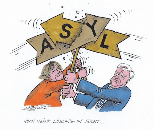 Cartoon: Kräftemessen (medium) by mandzel tagged asyl,merkel,seehofer,deutschland,bayern,flüchtlinge,abschiebungen,politik,asyl,merkel,seehofer,deutschland,bayern,flüchtlinge,abschiebungen,politik