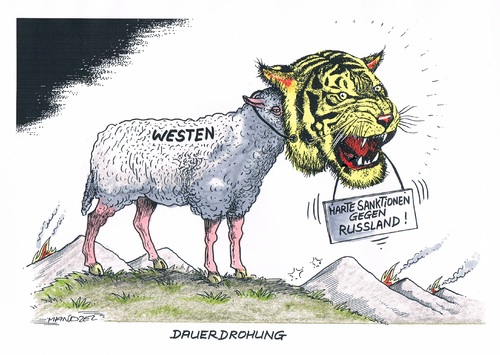 Cartoon: Maßnahmen gegen Russland (medium) by mandzel tagged ukraine,sanktionen,westen,russland,tiger,schaf,ukraine,sanktionen,westen,russland,tiger,schaf