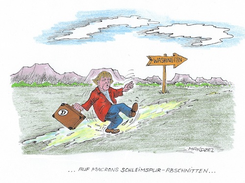 Cartoon: Merkel in USA (medium) by mandzel tagged trump,merkel,macron,usa,frankreich,deutschland,trump,merkel,macron,usa,frankreich,deutschland