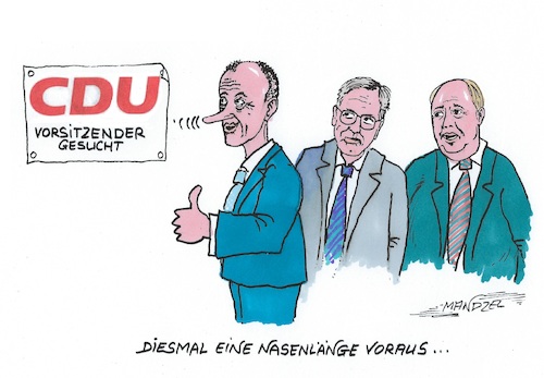 Cartoon: Merz mit der Nase vorn (medium) by mandzel tagged cdu,vorsitz,merz,wahlen,desaster,chaos,neuaufstellung,cdu,vorsitz,merz,wahlen,desaster,chaos,neuaufstellung