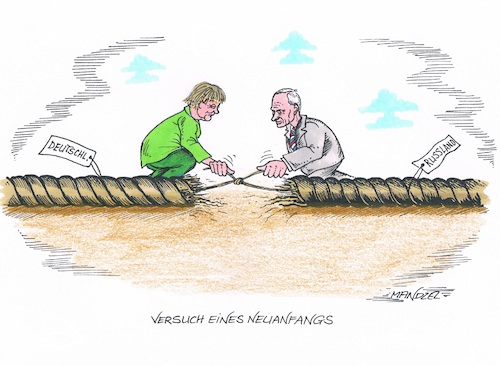 Cartoon: Neuanfang (medium) by mandzel tagged russland,putin,merkel,deutschland,eu,austausch,gesprächsfaden,russland,putin,merkel,deutschland,eu,austausch,gesprächsfaden