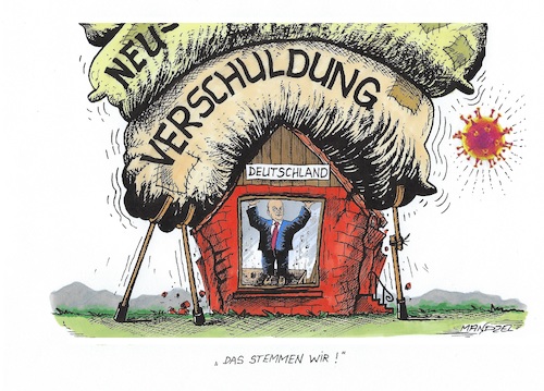 Cartoon: Neuverschuldung (medium) by mandzel tagged corona,pandemie,panik,chaos,hysterie,steuerloch,deutschland,neuverschuldung,haushalt,corona,pandemie,panik,chaos,hysterie,steuerloch,deutschland,neuverschuldung,haushalt