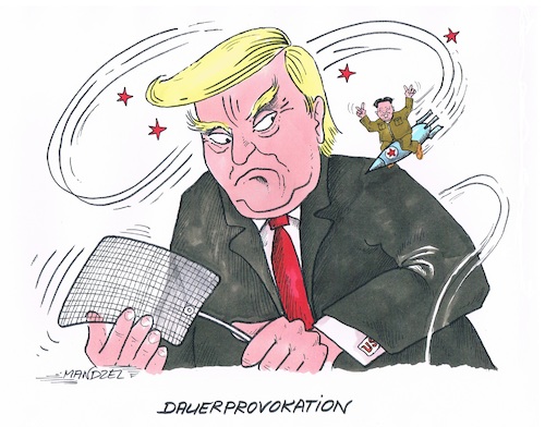 Cartoon: Nordkorea provoziert wieder (medium) by mandzel tagged trump,kim,nordkorea,usa,raketentest,provokation,trump,kim,nordkorea,usa,raketentest,provokation