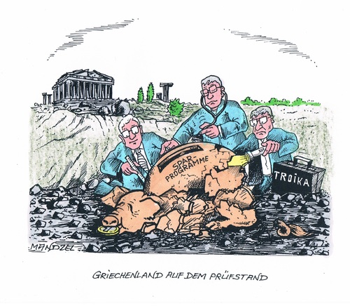 Cartoon: Prüfung griechischer Reformen (medium) by mandzel tagged griechenland,troika,sparprogramme,zerschlagene,sparschweine