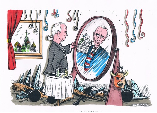 Cartoon: Putin in Friedensverkleidung (medium) by mandzel tagged putin,ukraine,waffenstillstand,russland,putin,ukraine,waffenstillstand,russland