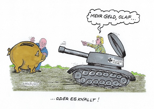 Cartoon: Reform der Bundeswehr (medium) by mandzel tagged verteidigungsministerin,bundeswehr,reform,inlandsverteidigung,geldforderungen,militäretat,verteidigungsministerin,bundeswehr,reform,inlandsverteidigung,geldforderungen,militäretat