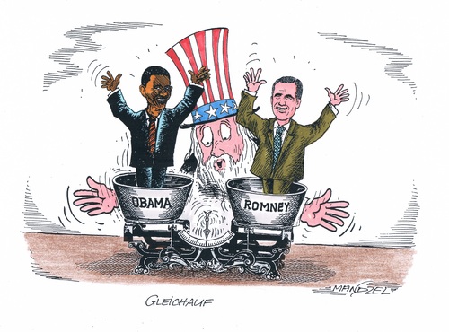 Cartoon: Romney und Obama gleichauf (medium) by mandzel tagged usa,wahlkampf,obama,romney,waagschale,usa,wahlkampf,obama,romney,waagschale
