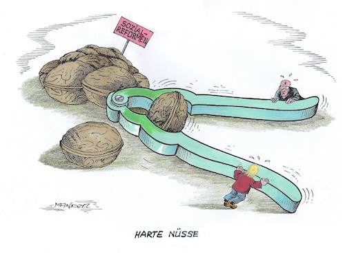 Cartoon: Schwerstarbeit (medium) by mandzel tagged merz,bas,reformen,durchsetzungsvermögen,schwerstarbeit,deutschland,merz,bas,reformen,durchsetzungsvermögen,schwerstarbeit,deutschland