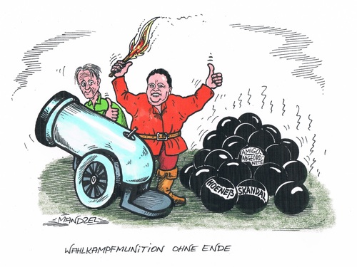 Cartoon: Starke Geschosse (medium) by mandzel tagged spd,grüne,kanone,wahlkampfmunition,spd,grüne,kanone,wahlkampfmunition