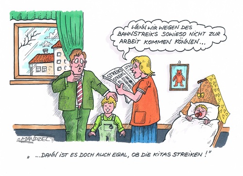 Cartoon: Streiks allerorten (medium) by mandzel tagged bahnstreik,kitastreik,kinderbetreuung,arbeitsweg,bahnstreik,kitastreik,kinderbetreuung,arbeitsweg