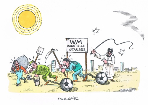 Cartoon: Trauriges Vorspiel (medium) by mandzel tagged katar,fußball,wm,bauarbeiter,hitze,unmenschlichkeit,sklaverei,katar,fußball,wm,bauarbeiter,hitze,unmenschlichkeit,sklaverei