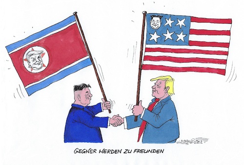Cartoon: Trump und Kim (medium) by mandzel tagged nordkorea,trump,kim,treffen,singapur,usa,abrüstung,frieden,nordkorea,trump,kim,treffen,singapur,usa,abrüstung,frieden