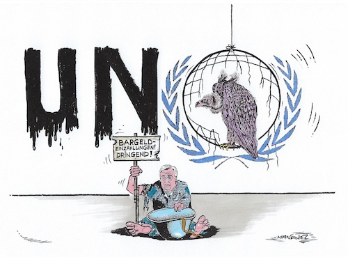 Cartoon: UNO in Geldnot (medium) by mandzel tagged uno,guterres,geldmangel,zahlungsschwierigkeiten,uno,guterres,geldmangel,zahlungsschwierigkeiten