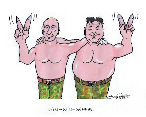 Cartoon: Waffenbrüder (medium) by mandzel tagged putin,kim,russland,nordkorea,waffen,ukraine,krieg,munition,militärbestände,geschäfte,putin,kim,russland,nordkorea,waffen,ukraine,krieg,munition,militärbestände,geschäfte