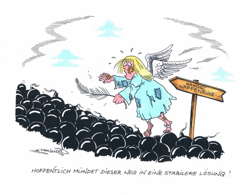 Cartoon: Waffenruhe in Nahost (medium) by mandzel tagged friedensengel,nahost,bomben,gepflasterter,weg,hoffnung,auf,frieden,friedensengel,nahost,bomben,gepflasterter,weg,hoffnung,auf,frieden