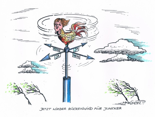 Cartoon: Wahl des EU-Chefs (medium) by mandzel tagged junker,merkel,eu,wetterhahn,junker,merkel,eu,wetterhahn