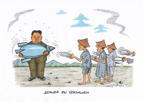 Cartoon: Wasserstoffbombe in Nordkorea (medium) by mandzel tagged kim,jong,un,wasserstoffbombe,hunger,isolation,nordkorea,kim,jong,un,wasserstoffbombe,hunger,isolation,nordkorea