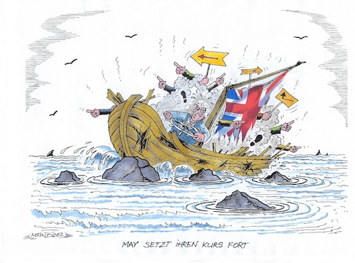 Cartoon: Weiter auf dem Brexit-Kurs (medium) by mandzel tagged brexit,may,großbritannien,eu,zeitaufschub,irrfahrt,brexit,may,großbritannien,eu,zeitaufschub,irrfahrt