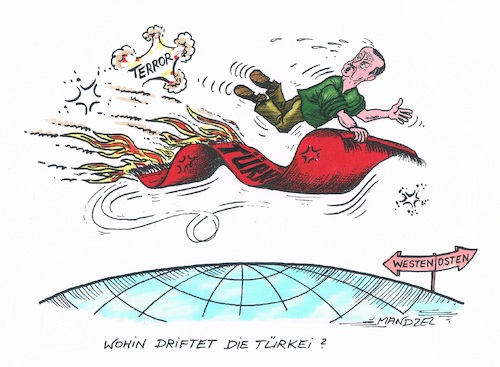 Cartoon: Wohin treibt die Türkei? (medium) by mandzel tagged erdogan,westen,osten,terror,türkei,islamismus,sicherheit,unberechenbarkeit,erdogan,westen,osten,terror,türkei,islamismus,sicherheit,unberechenbarkeit