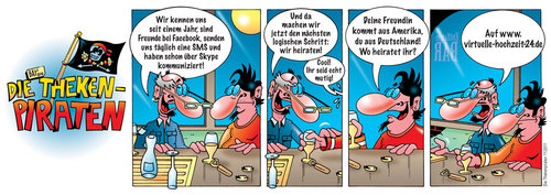 Cartoon: Die Thekenpiraten 11 (medium) by stefanbayer tagged theke,piraten,thekenpiraten,thekengespräche,thekenkraft,barmann,barfrau,kneipe,lounge,bar,gastronomie,restaurant,heiraten,hochzeit,virtuell,technik,computer,internet,web,mut,skype,facebook,sms,kommunikation,liebe,beziehung,digital,entflammbar,stefan,bayer,stefanbayer