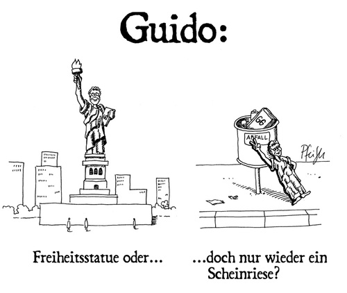 Cartoon: Deutsch- oder Lummerland? (medium) by Andreas Pfeifle tagged guido,westerwelle,freiheitsstatue,scheinriese,umfallen