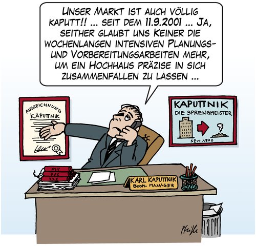 Cartoon: Kaputte Märkte (medium) by Andreas Pfeifle tagged 911,11,september,2001,sprengung,sprengmeister,demolition,kaputter,markt