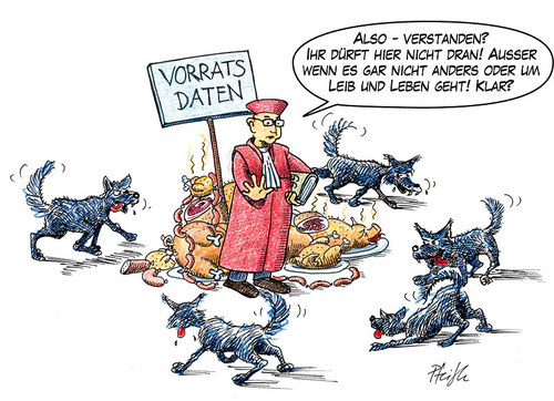 Cartoon: Vorratsbraten-ehm-daten (medium) by Andreas Pfeifle tagged bverfg,vorratsdaten,speicherung,urteil,vorratsbraten,bundesverfassungsgericht,richter