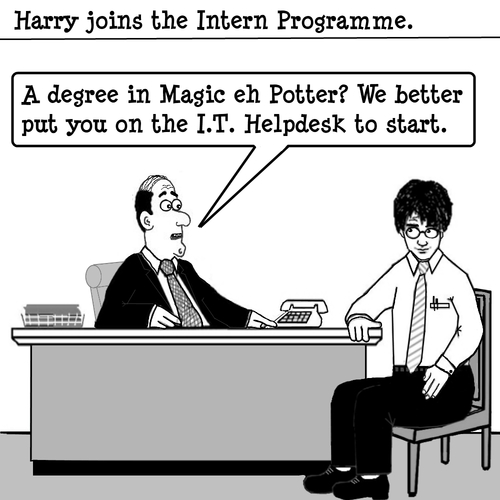 Cartoon: Intern Potter (medium) by cartoonsbyspud tagged cartoon,spud,hr,recruitment,office,life,outsourced,marketing,it,finance,business,paul,taylor