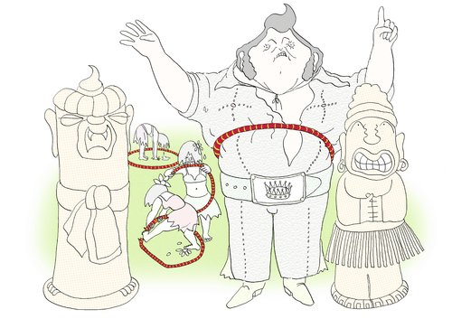Cartoon: the King of hula-hoop (medium) by ailuj tagged fat,elvis,the,king,hula,hoop,tiki,hawaii