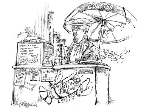 Cartoon: Lobster Vendor in Manhattan (medium) by ian david marsden tagged new,york,nyc,lobster,vendor,pen,and,ink,new,york,nyc,hummer
