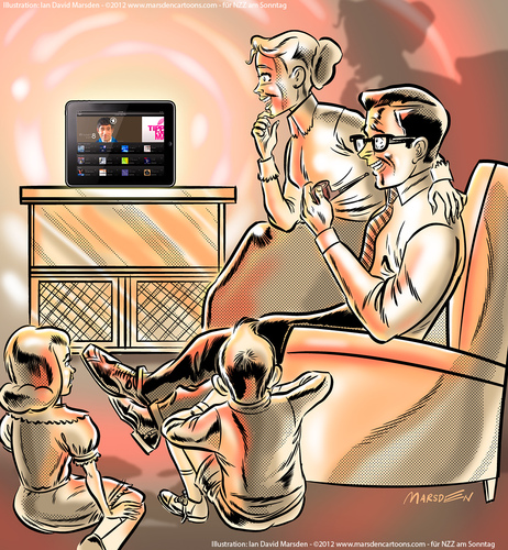 Cartoon: TV now on tablet devices and PCs (medium) by ian david marsden tagged tv,television,online,tablet,device,pc,computer,network,cable,cartoon,illustration,illustrator,marsden