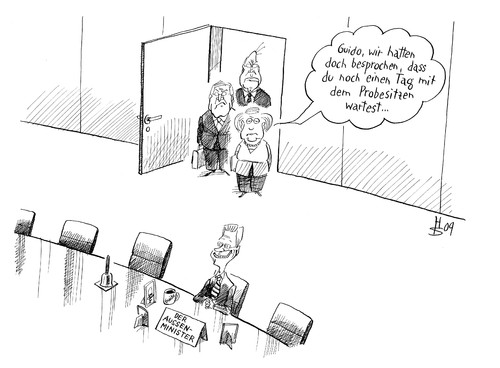 Cartoon: Guido probiert... (medium) by Heiko Sakurai tagged guido,westerwelle,merkel,steinmeier,schwarzgelb,außenminister,koalition