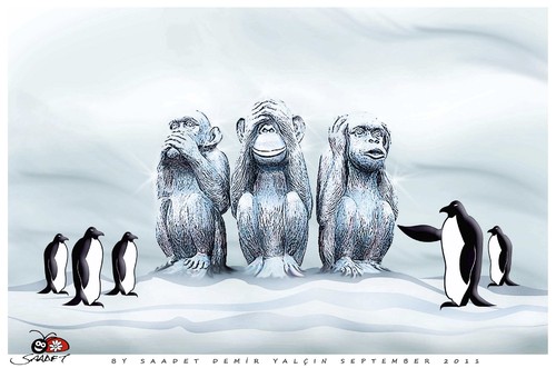 Cartoon: In memory of Vajra (medium) by saadet demir yalcin tagged climate,penguin,threemonkeys,vajra,sdy,saadet