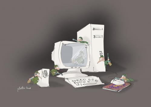 Cartoon: computer game (medium) by geomateo tagged computer,game,war,virtual