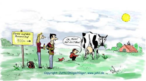 Cartoon: Ferien auf dem Bauernhof (medium) by Johli tagged kinder,tiere,ferien,urlaub,erziehung,kuh,bauernhof,