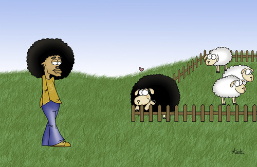 Cartoon: Wo die Liebe hinfällt (medium) by katelein tagged verliebt,liebe,afro,schwarzer,schaf,schwarzesschaf,sheep,black,white,katelein