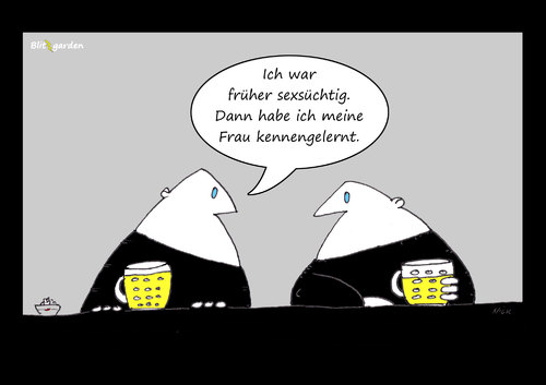 Cartoon: Sexsüchtig (medium) by Oliver Kock tagged mann,frau,ehe,geschlechter,sucht,kneipe,bier,kumpel,cartoon,nick,blitzgarden