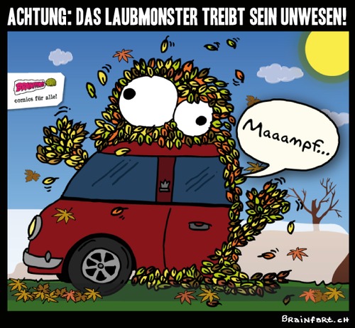 Cartoon: Achtung Laubmonster! (medium) by BRAINFART tagged laub,monster,beweismittel,sensation,brainfart,art,comic,cartoon,character,fun,funny,lustig,spass,witzig,toonpool,herbst,nebel,jahreszeit