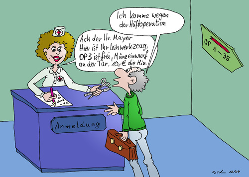 Cartoon: Hüftoperation (medium) by Wolfgang tagged kassenpatient,krankenschwester,operation