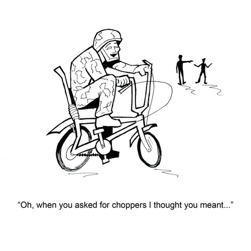 Cartoon: Choppers (medium) by Curis tagged chopper,helicopter,bike,army,supplies,afghanistan